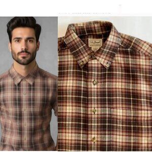 L.L. Bean Brown Plaid Flannel Button Down Shirt Size small regular